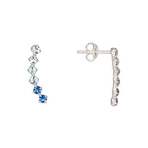 Earstud, Create Compliments®, sterling silver and glass rhinestone, clear / light blue / blue, 17x5mm left- and right-facing curve. Sold per pair.