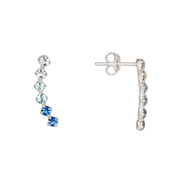Earstud, Create Compliments®, sterling silver and glass rhinestone, clear / light blue / blue, 17x5mm left- and right-facing curve. Sold per pair. image number 0