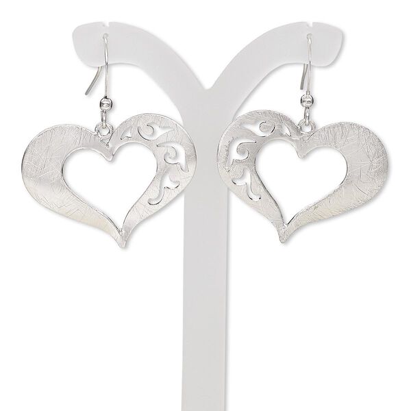 Earring, imitation rhodium-finished steel and brass, 38mm with brushed open heart and cutout design with fishhook ear wire. Sold per pair. image number 0