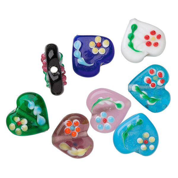 Bead, lampworked glass, mixed colors, 18x16mm heart with flowers. Sold per pkg of 8. image number 0
