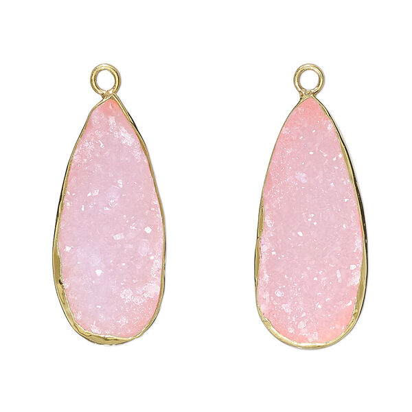 Drop, druzy agate (dyed) and gold-finished sterling silver, pink, 27x12mm single-sided teardrop. Sold per pkg of 2. image number 0