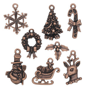 Charm, antique copper-plated pewter (tin-based alloy), 12.5x9.5mm-23x17.5mm Christmas theme. Sold per 8-piece set.