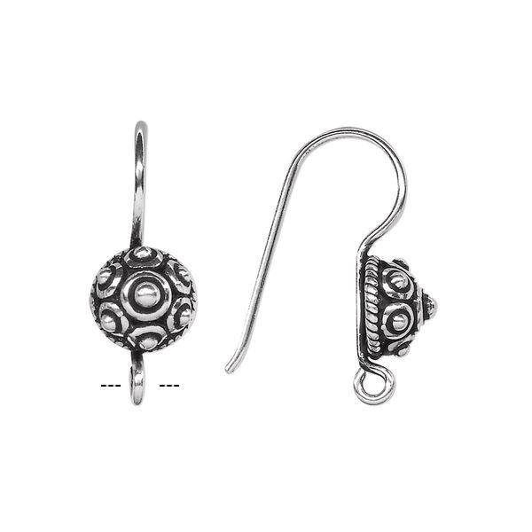 Ear wire, antiqued sterling silver, 23mm fishhook with beaded bead cap and open loop, 18-20 gauge. Sold per pair. image number 0