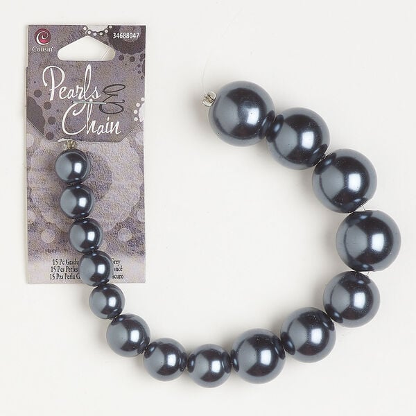 Bead, glass pearl assortment 1pkg15, opaque dark blue, graduated 9-17mm round. image number 0