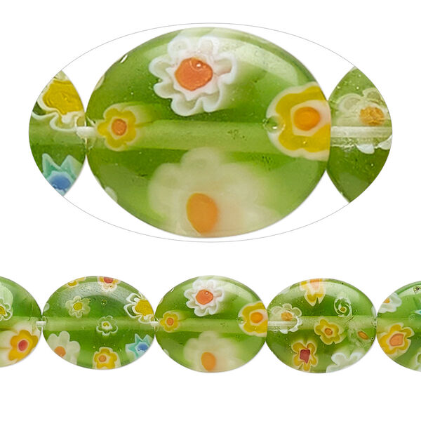 Bead, millefiori glass, translucent spring green and multicolored, 11x9mm-12x10mm puffed oval. Sold per 14-inch strand. image number 0