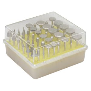 Burr set, plastic diamond-coated steel, white and yellow, 1-3/4 x 1/8 inch assorted shanks with 1-16mm wide tips in 4 x 3-1/2 x 2 inch case. Sold per 50-piece set.