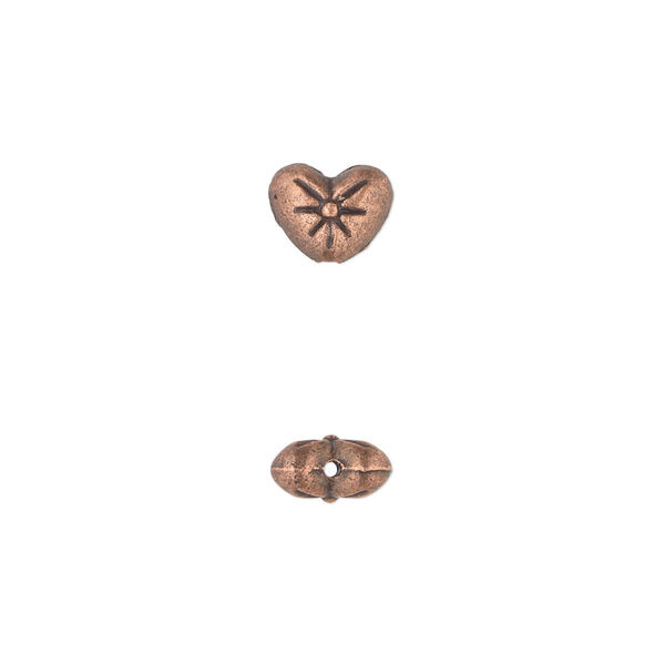 Bead, antique copper-plated "pewter" (zinc-based alloy), 8x6mm double-sided heart with flower design. Sold per pkg of 50. image number 0