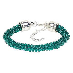 Bracelet, glass / silver-coated plastic / silver-plated steel / "pewter" (zinc-based alloy), teal green, 7.5mm wide, 7 inches with 2-inch extender chain and lobster claw clasp. Sold individually.