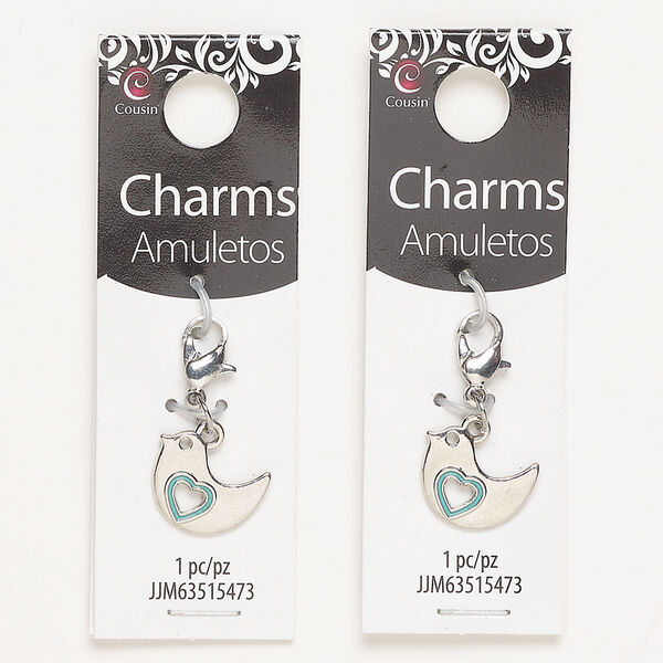 Charm, brass and enamel, pkg/2, silver finish and teal, 15x12mm bird with cutout heart and lobster claw clasp. image number 0