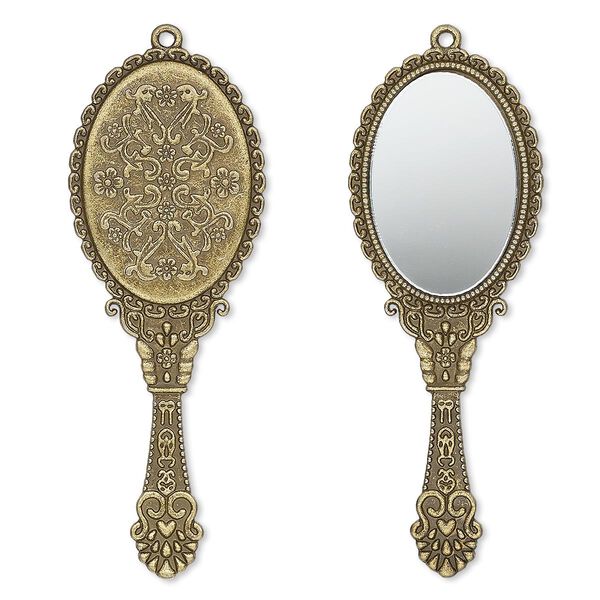 Focal, glass and antique brass-plated "pewter" (zinc-based alloy), 70x26mm two-sided hand mirror. Sold individually. image number 0