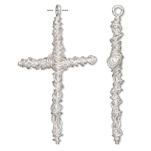 Focal, Hill Tribes, sterling silver, 47x28mm wire-wrapped cross. Sold individually. image number 0