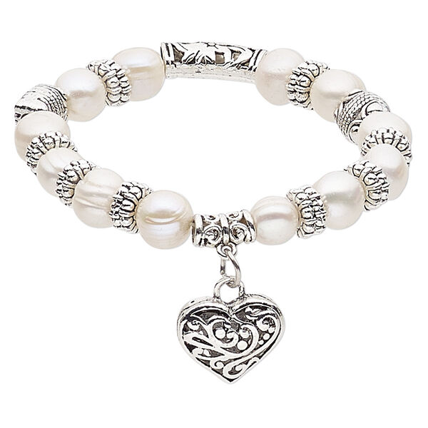 Bracelet, stretch, cultured freshwater pearl (bleached) with antique silver-plated steel and "pewter" (zinc-based alloy), white, 10mm wide with 19x17mm heart, 6-1/2 inches. Sold individually. image number 0