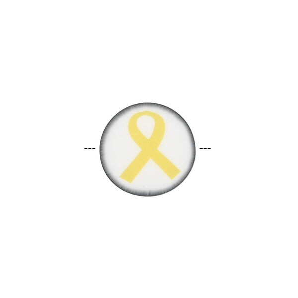Bead, polymer clay, white / black / yellow, 14mm double-sided flat round with awareness ribbon. Sold per pkg of 30. image number 1