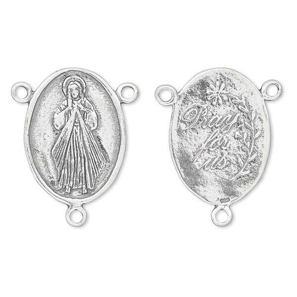 Connector, antiqued sterling silver, 22x16mm double-sided oval rosary center, Jesus Divine Mercy with 3 loops, "Pray for us" on back. Sold individually. image number 0