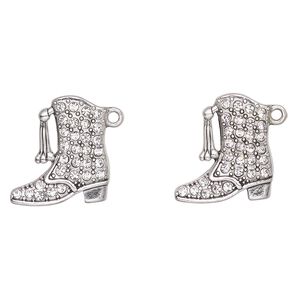 Charm, antique silver-finished "pewter" (zinc-based alloy) and glass, clear, 26x23mm cowboy boot. Sold per pkg of 2.