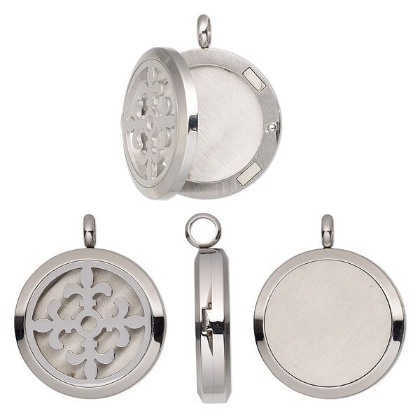 Pendant, stainless steel, 37x30mm single-sided hinged round locket with cutout fleur-de-lis and magnetic closure. Sold individually. image number 0