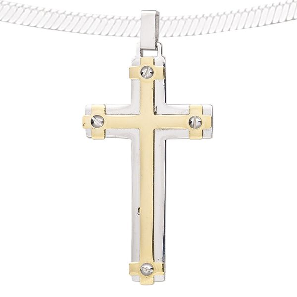 Pendant, stainless steel and gold-finished stainless steel, 47x25mm Gothic cross. Sold individually. image number 0