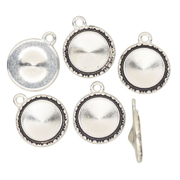 Drop, Almost Instant Jewelry®, antique silver-finished "pewter" (zinc-based alloy), 17mm round with beaded design and 12mm rivoli setting. Sold per pkg of 6. image number 0