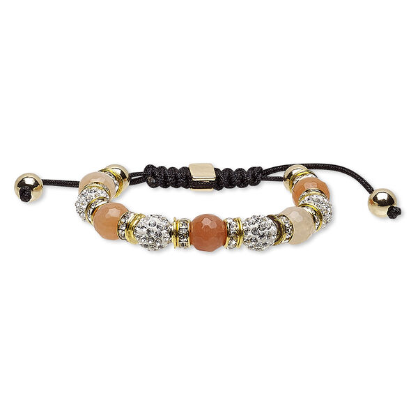 Bracelet, agate (dyed) / glass rhinestone / nylon / polymer clay / gold-finished steel / "pewter" (zinc-based alloy), multicolored, 10mm wide, adjustable from 6 to 8-1/2 inches with macramé knot closure. Sold individually. image number 0