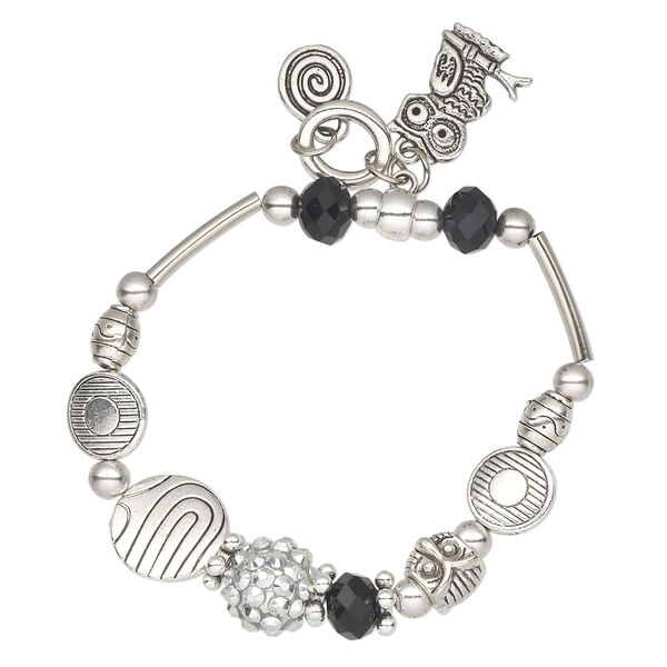 Bracelet, stretch, glass and antique silver-plated "pewter" (zinc-based alloy), black, owl, 6-1/2 inches. Sold individually. image number 0
