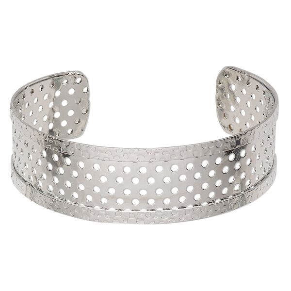 Bracelet, cuff, rhodium-finished steel, 18-19mm wide with cutout design and 155 holes, adjustable from 7 to 7-1/2 inches. Sold individually. image number 0