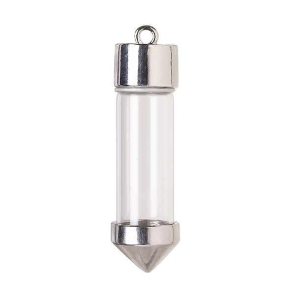 Focal, silver-finished "pewter" (zinc-based alloy) and glass, clear, 63x18.5mm bottle with twist off top. Sold individually. image number 0
