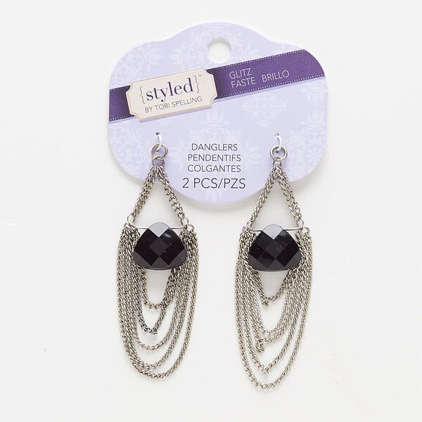 Focal, acrylic and antiqued silver-finished "pewter" (zinc-based alloy), black, 3x1 inches with teardrop. Sold per pkg of 2. image number 0