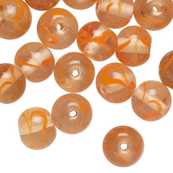 Bead, glass, translucent orange and clear, 10x9mm-11x10mm round with swirl design. Sold per 2-ounce pkg, approximately 45 beads. image number 0