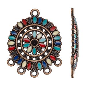 Drop, antique copper-finished "pewter" (zinc-based alloy) and resin, multicolored, 28.5mm single-sided round with 5 closed loops. Sold per pkg of 4.
