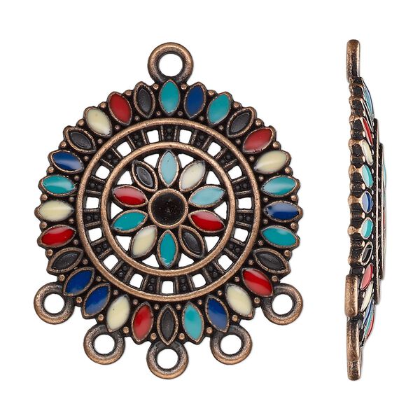 Drop, antique copper-finished "pewter" (zinc-based alloy) and resin, multicolored, 28.5mm single-sided round with 5 closed loops. Sold per pkg of 4. image number 0