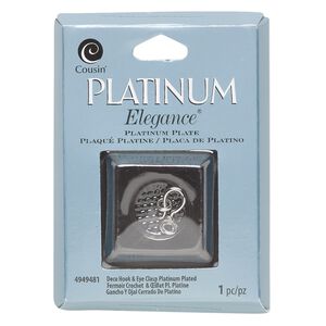 Clasp, hook-and-eye, platinum-plated copper, 15x8.5mm with (2) 5mm jump rings. Sold individually.