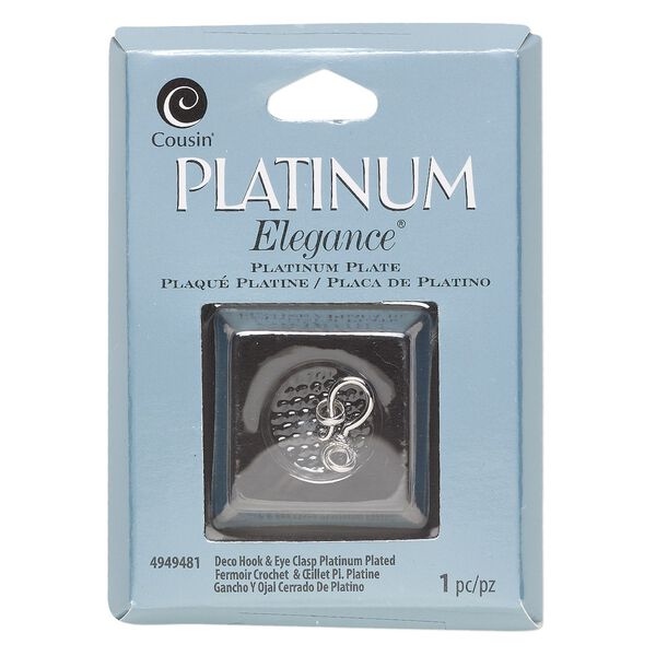 Clasp, hook-and-eye, platinum-plated copper, 15x8.5mm with (2) 5mm jump rings. Sold individually. image number 0