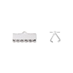 Ribbon crimp end, silver-plated brass, 14x5mm hammered rectangle. Sold per pkg of 10.