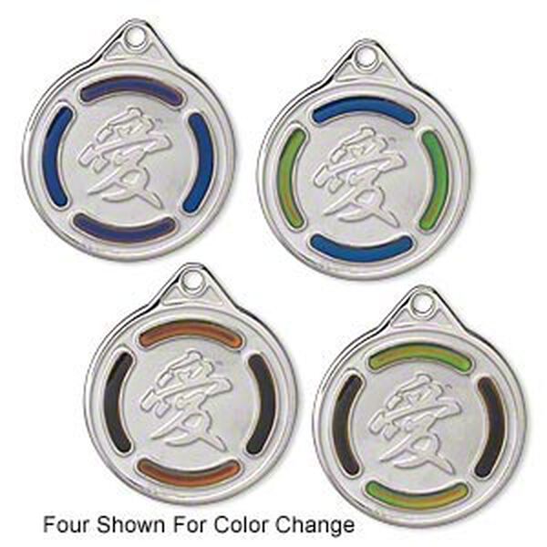 Drop, acrylic and imitation rhodium-plated "pewter" (zinc-based alloy), multicolored, 22mm color-changing single-sided flat round with the Chinese character for love. Sold per pkg of 2. image number 0