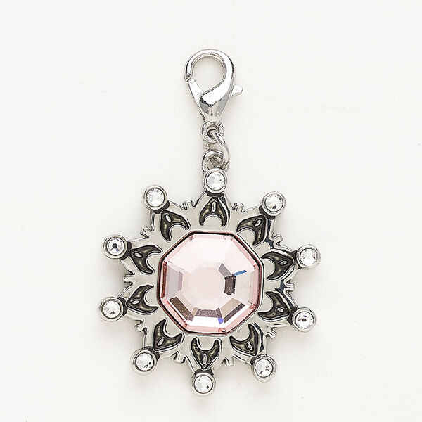Charm, "pewter" (zinc-based alloy) / glass / enamel, pkg/1, 24x23mm snowflake with lobster claw clasp, silver finish / pink / clear. image number 0