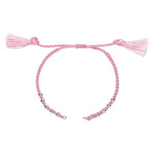 Bracelet component, nylon and silver-finished brass, pink, 9-3/4 inches with adjustable macramé closure and (2) 5mm open loops. Sold individually.