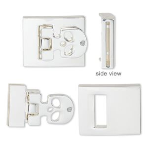 Clasp, hinged buckle 1pkg1, glass rhinestone / silver-finished steel / "pewter" (zinc-based alloy), clear, 29x23mm rectangle with skull and cutouts with glue-in ends and (6) micro screws, 20x1.5mm inside diameter.