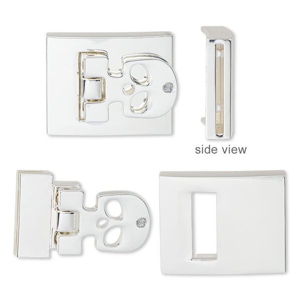 Clasp, hinged buckle 1pkg1, glass rhinestone / silver-finished steel / "pewter" (zinc-based alloy), clear, 29x23mm rectangle with skull and cutouts with glue-in ends and (6) micro screws, 20x1.5mm inside diameter. image number 0