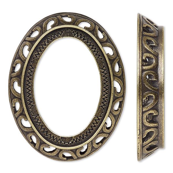 Component, antique gold-plated brass, 38x30mm oval with swirl design and 30x22mm oval setting. Sold per pkg of 4. image number 0