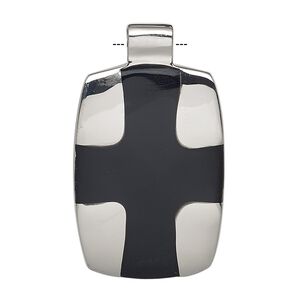 Pendant, epoxy and stainless steel, black, 38x22mm rounded rectangle with cross design. Sold individually.