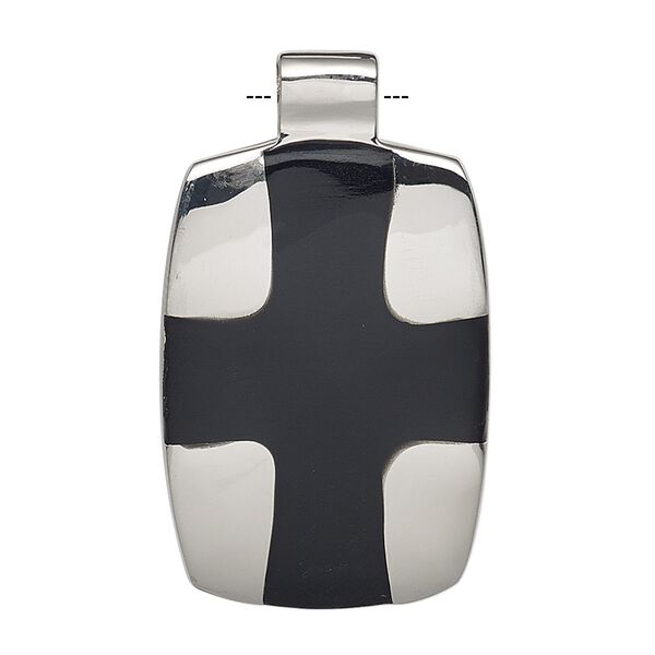 Pendant, epoxy and stainless steel, black, 38x22mm rounded rectangle with cross design. Sold individually. image number 0