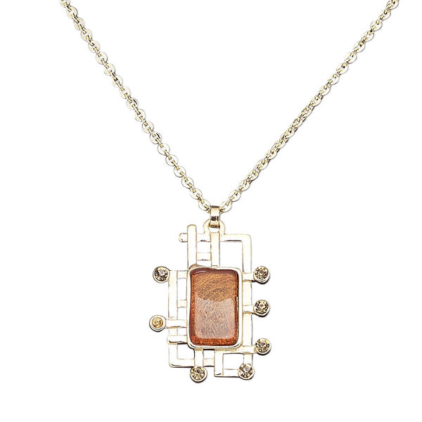 Necklace, resin / gold-finished brass / steel / "pewter" (zinc-based alloy), copper and light topaz brown, 35x25mm rectangle, 16 inches with 2-inch extender chain and lobster claw clasp. Sold individually. image number 0
