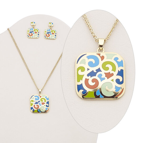 Necklace and earring set, enamel and gold-plated brass, multicolored, 31x31mm square with swirl design, 15" to 16" necklace with 2-inch extender chain and lobster claw clasp, 35mm earrings with post. Sold per set. image number 0