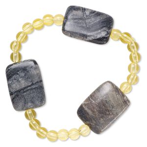 Bracelet, stretch, Picasso marble (natural) and acrylic, yellow, 5mm round and 30x20mm-30x21mm flat rectangle, 6-1/2 inches. Sold individually.