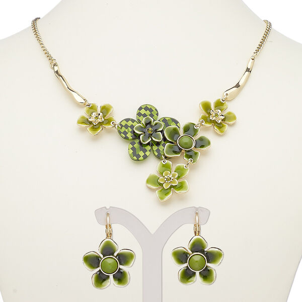 Necklace and earring set, acrylic / enamel / glass rhinestone / gold-finished steel / "pewter" (zinc-based alloy), multi-green, flowers, 18-inch necklace with 2-inch extender chain and lobster claw clasp, 31mm earrings with leverback ear wire. Sold per set. image number 0