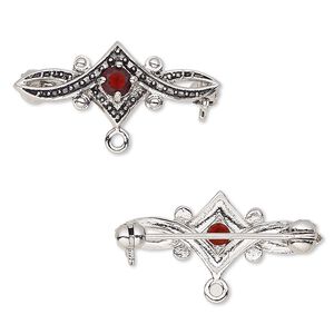Brooch, cubic zirconia and antique silver-plated bronze, garnet red, 28x11mm with 4mm faceted round and closed loop. Sold individually.