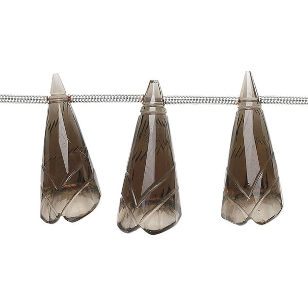 Smoky quartz 1pkg5, hand-cut top-drilled carved cone flower bead graduated 18x8mm-24x10mm image number 0