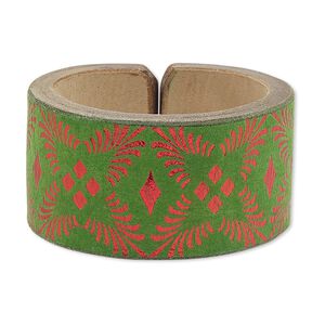 Bracelet, cuff, leather (dyed), green and metallic red, 38mm wide with burst design, adjustable from 6-7 inches. Sold individually.