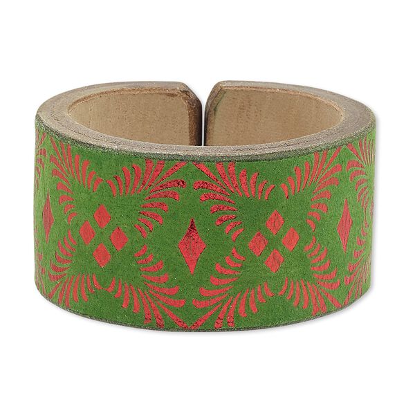 Bracelet, cuff, leather (dyed), green and metallic red, 38mm wide with burst design, adjustable from 6-7 inches. Sold individually. image number 0