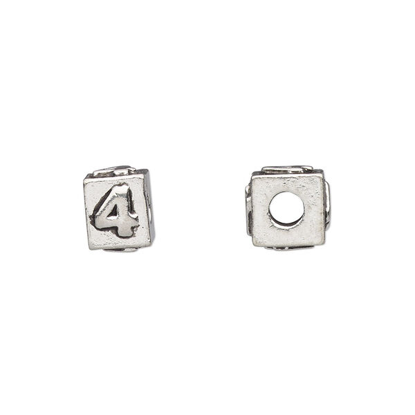 Bead, antiqued pewter (tin-based alloy), 8x6mm rectangle with number "4." Sold per pkg of 4. image number 0